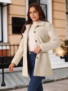 INSPIRE CHIC Winter Overcoat Mid-Long Casual Notch Lapel Single-Breasted Classic Peacoat Beige