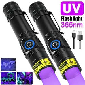 365nm 5W Portable UV Black LED Flashlight, Type-C USB Rechargeable, Aluminum Alloy Shell With Power Indicator Metal Clip, For Pet Urine Gem Resin Scorpion Hunting