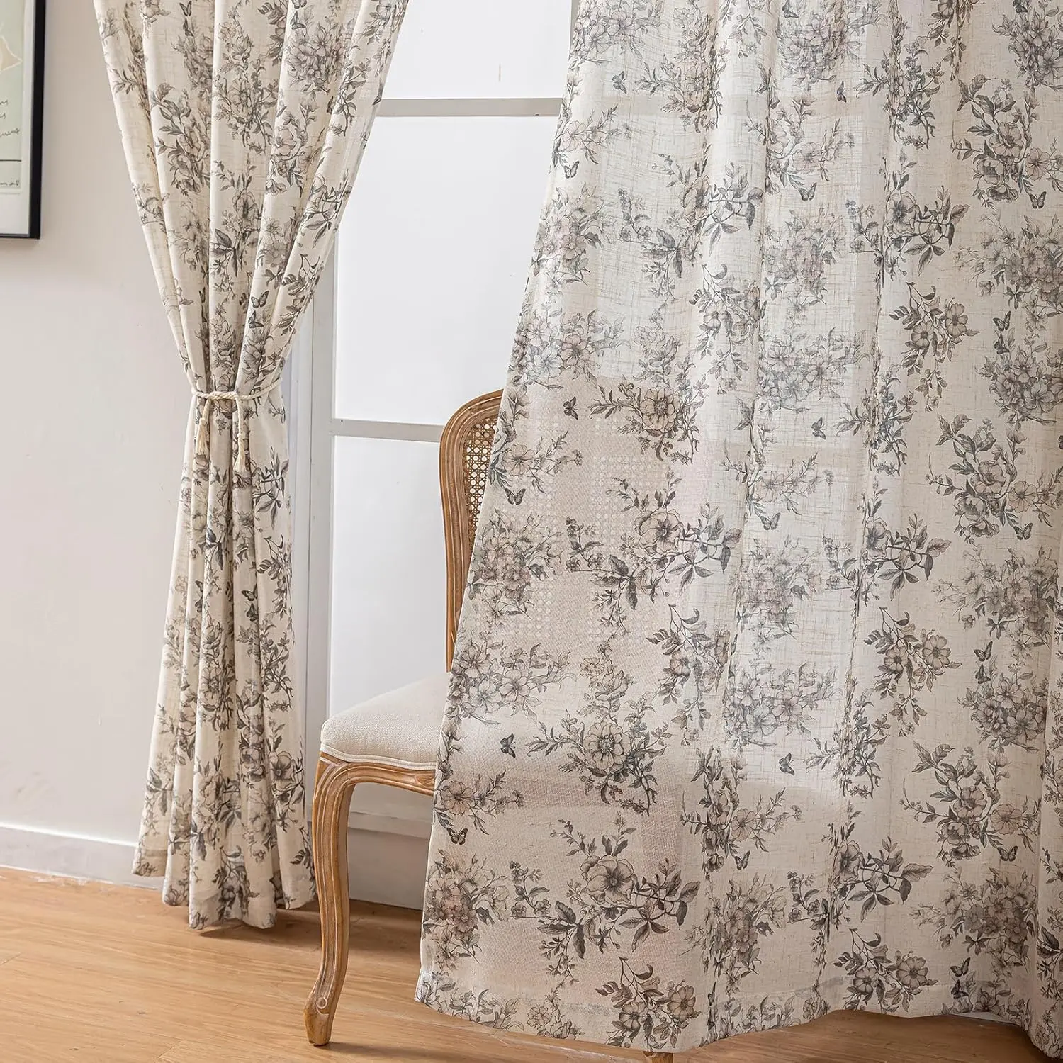 UOOSIN Farmhouse Vintage Floral Semi-Sheer Linen-Textured Polyester Curtains - 2 Non-Customised Rod Pocket Flat Weave Drapes, Low Iron, Odorless Fabric, Wrinkle Resistant, Breathable, Machine Washable, 84" or 96" Fit (W52xL84 in, W52xL96 in) for Bedroom