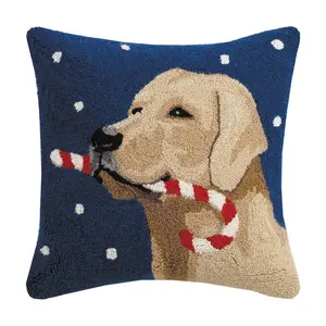 Peking Handicraft Hand-Crafted Standard Pillow 31SJM8988BC18SQ, 18x18 in., Golden Lab Design with Candy Cane Hook, Multi-Color, Hand-Crafted Standard Pillows