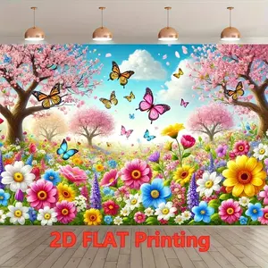 1pc Polyester Photography Backdrop - Summervibes Colorful Spring Flower Meadow with Cherry Blossom, Butterfly Scene, Perfect for Birthday, Indoor/Outdoor Party Decorations, Studio Props, Banners