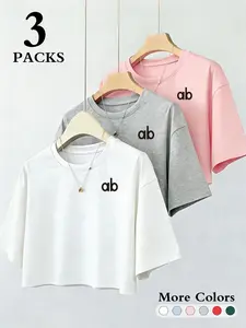 Women's Short Loose T-Shirt Set (3 Pieces), Round Neck, Drop Shoulder, Soft Fabric, Ab Letter Print, Casual Daily Wear