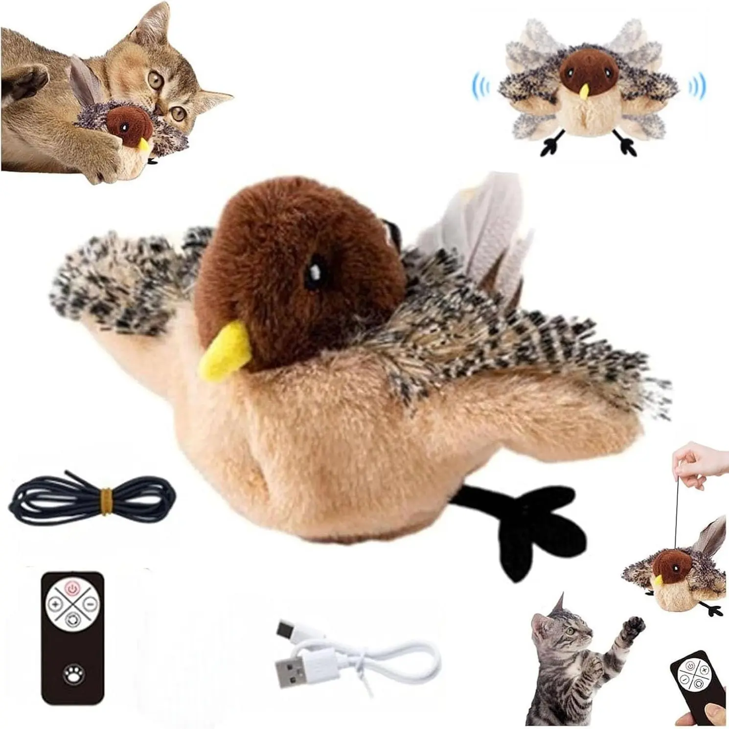 Flying Bird Cat Toy, Simulated Chirping Bird Cat Toy, Flapping Wings, Indoor Cats, Kitty, Rechargeable Interactive Flying Bird, Feather Tail