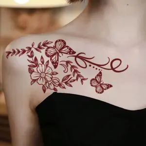 4 Pc Washable Temporary Tattoo, Vivid Red Ink FloweiMinimalist Design, Waterproof & Long-Lasting Suitable For Daily Use
