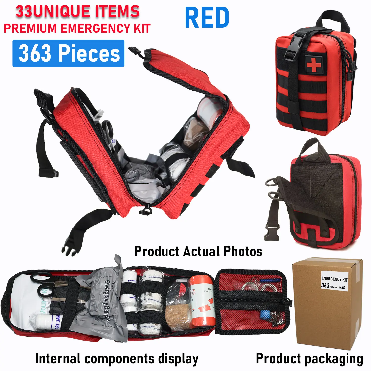 363-Piece Compact Emergency Kit, Portable Travel-Friendly Storage Bag with Multi-Purpose Outdoor Supplies, Actual Photos, Internal Components Display to Enhance Preparedness for Home Organization