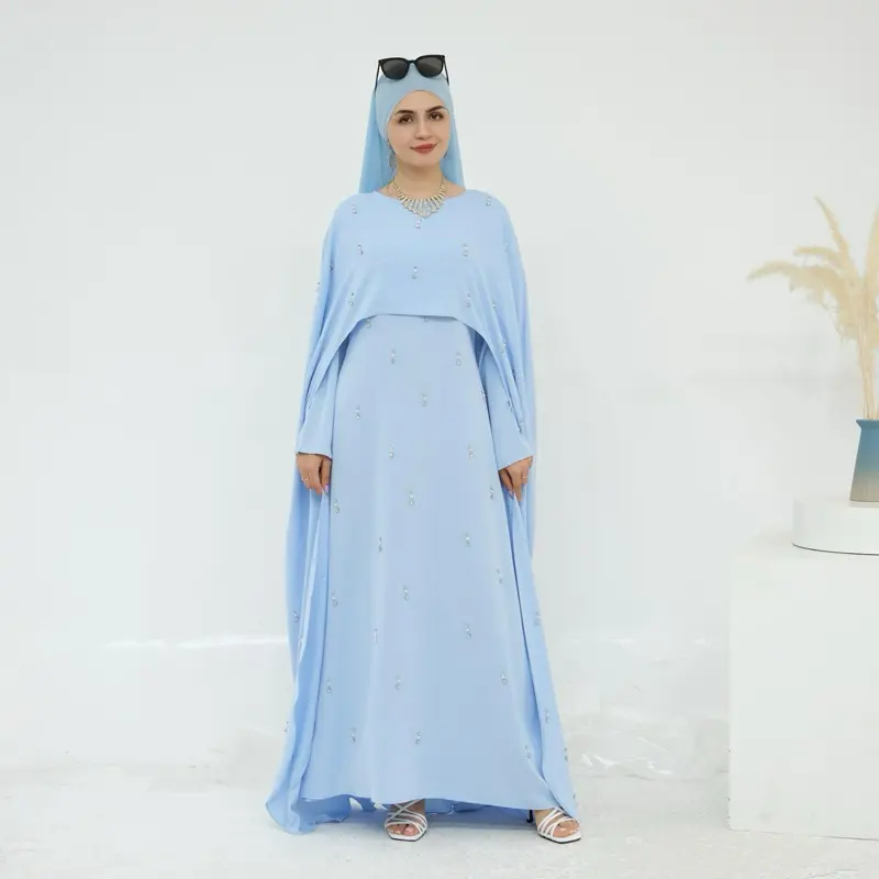 Tayyiba Abaya - Flowy Abaya with Pearls and Stones Very Unique and Stylish Design for Women. Available in Sky Blue, Pink & Grey.