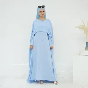 Tayyiba Abaya - Flowy Abaya with Pearls and Stones Very Unique and Stylish Design for Women. Available in Sky Blue, Pink & Grey.