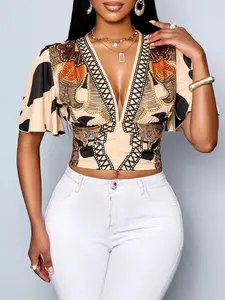 Women's All Over Print Top, Casual V Neck Top for Spring & Summer, Women's Clothing for Daily Wear, Blouse