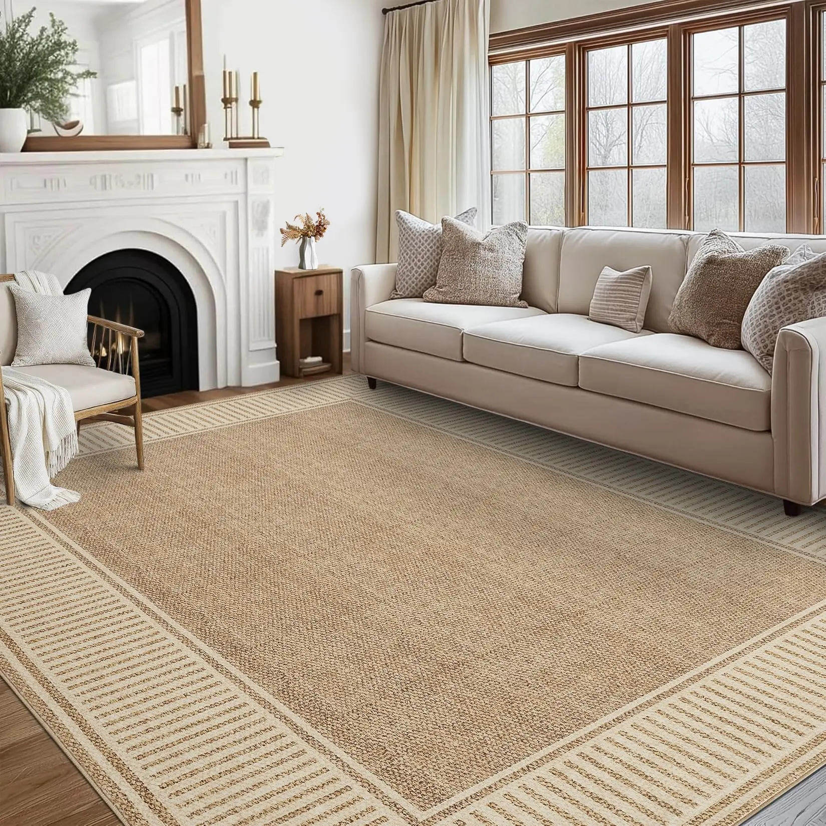 Modern Living Room Rugs 8x10 Large Washable Bordered Floor Carpet, Foldable Contemporary Striped Indoor Mat, Non-Slip Low Pile Accent Rugs for Bedroom, Kitchen, Dining Room, Natural