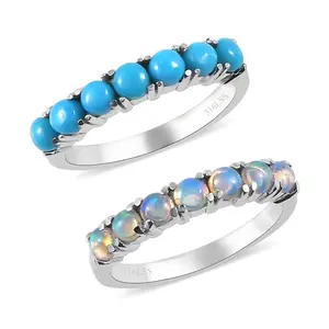 Stackable Turquoise Ring & Opal Ring Set of 2 Stackable Rings for Women Set - Boho Western Band Promise Stainless Steel Turquoise Jewelry for Women -  Christmas Gifts for Her- 1.30 ctw