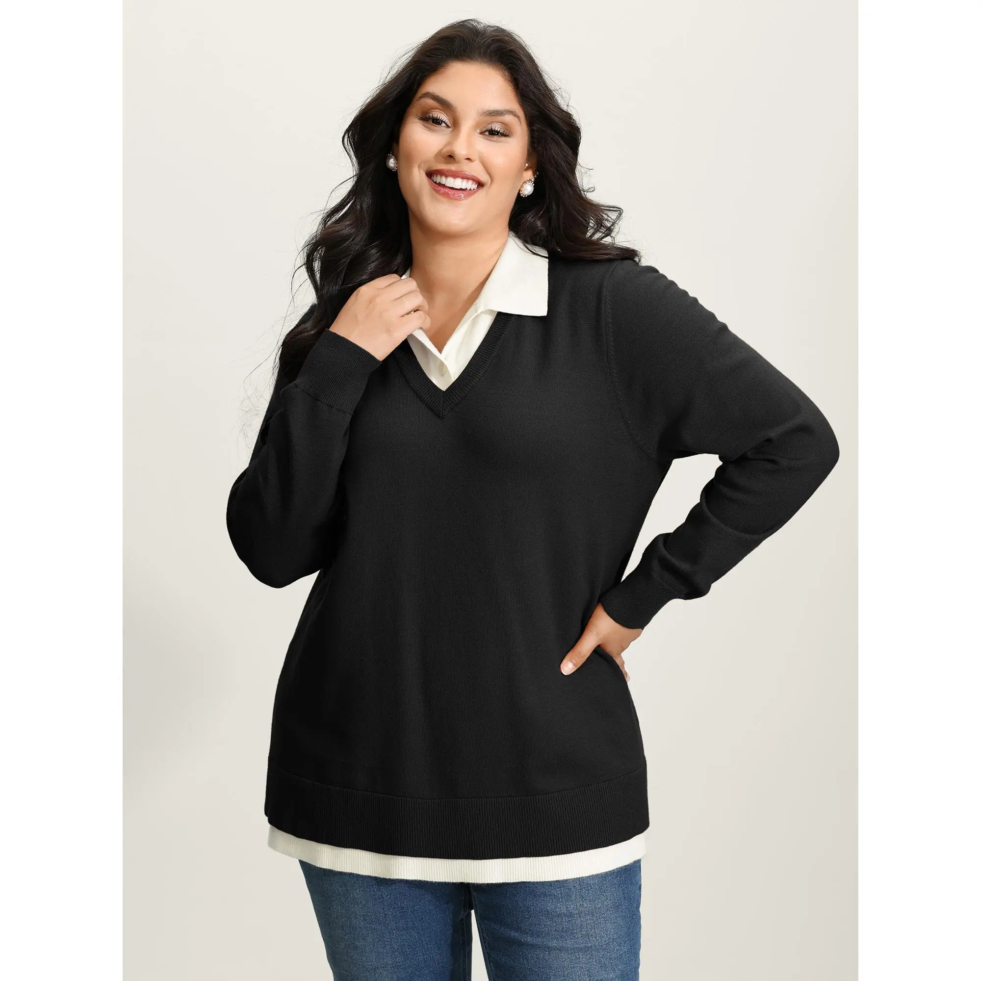 BloomChic Women's Plus Size 2-in-1 Colorblock Sweater, Casual Polo Collar Comfortable Soft Long Sleeve Knit Pullover, Knitting,Summerfinds