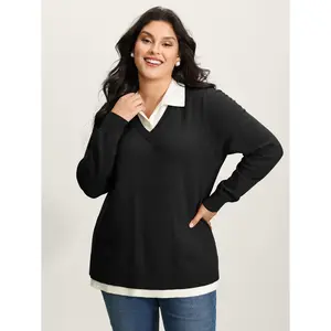 BloomChic Women's Plus Size 2-in-1 Colorblock Sweater, Casual Polo Collar Comfortable Soft Long Sleeve Knit Pullover, Knitting, Fabric