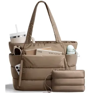 Bagstellar Puffer Tote Bag for Women with Makeup Bag, Large Work Tote Laptop Bag, Lightweight Travel Tote Bag with Zipper Gifts for Women Teacher Nurse Quilted Shoulder Organiser for School Gym