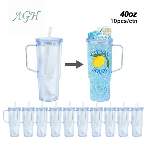 AGH 10PCS New Updating 40OZ Double Wall Plastic Snow Globe Tumbler, Leak Proof Design With Bubble Tea Straw, Pre Drilled Hole And Plugs For DIY Snow Globe