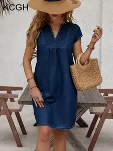 KCGH SS26 Spring Summer Plus Size Baby Blue Denim Midi Dress, Casual Vacation Concert Dress for Women, Easter Party Wear Trendy Western Plus Size Dresses