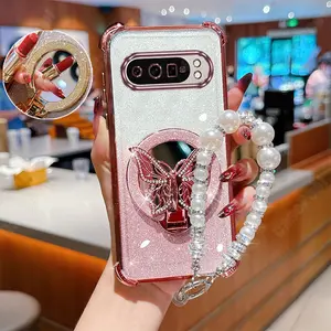 Pixel9 Pro XL Impact Resistant Transparent Glitter Shiny Pearl Strap Lanyard Phone Holder Case For Compatible With Google Pixel 9 Pro XL Luxury Shiny Make up Mirror Butterfly Stand Cover