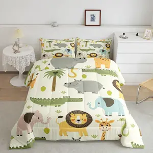 Nursery Cute Wild Animal Luxury Bedding Set,Cartoon Lion Giraffe Crocodile Comforter,Nature Wildlife Designer Comforter Set,Zoo Animal Theme Duvet Set