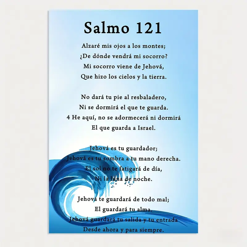 2D canvas wall art with wrapped wooden frame, Spanish Bible Psalm 121 (Salmo 121) Christian inspirational poster, blue and white wave design, 12x16inch modern minimalist Bible decorative painting, suitable for home, office, bedroom - Spanish religious art