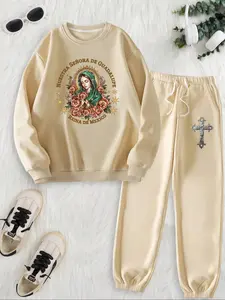 Two-Piece Set Women's Virgin Mary Graphic Floral Sweatshirt & Cross Printed Drawstring Waist Sweatpants Set, Casual Loungewear Long Sleeve Pullover & Pocket Jogger Pants, Women's Fall & Winter Clothes, Womenswear
