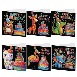 5D Diamond Arts Colorful Painting Greeting Card Kit, 6 Counts/set Colorful Animal Pattern Birthday Card with Envelope, DIY Diamond Art Birthday Card, Fun Party Cards