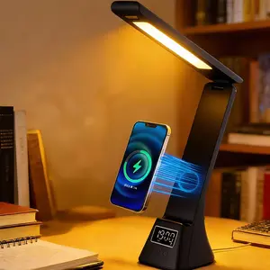Foldable Desk Lamp with Wireless Charger: USB Charging Port,Touch Desk Lamps,Table Lamp with Clock, Desk Lamps for Home Office College Dorm Room Essentials,3 Color Temperatures,Alarm,180° Foldable, Phone Stand, Modern LED Table Lamp