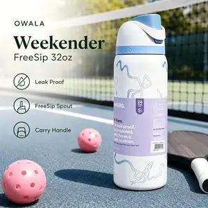 Owala Weekender 32oz Insulated Stainless Steel Vacuum Flask - Light Blue Line Ribbon Bow Print, FreeSip Spout, Leakproof, Lightweight, Wide Mouth, Silicone Carry Handle, Plastic-Free Sip Component for Pickleball, Tennis