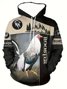 Black and Brown Spliced Rooster Print Hoodie, Retro Casual Street Style
