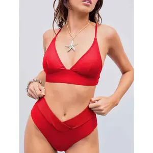 Cider Shaping V-neck Solid Jersey Bikini Swimsuit