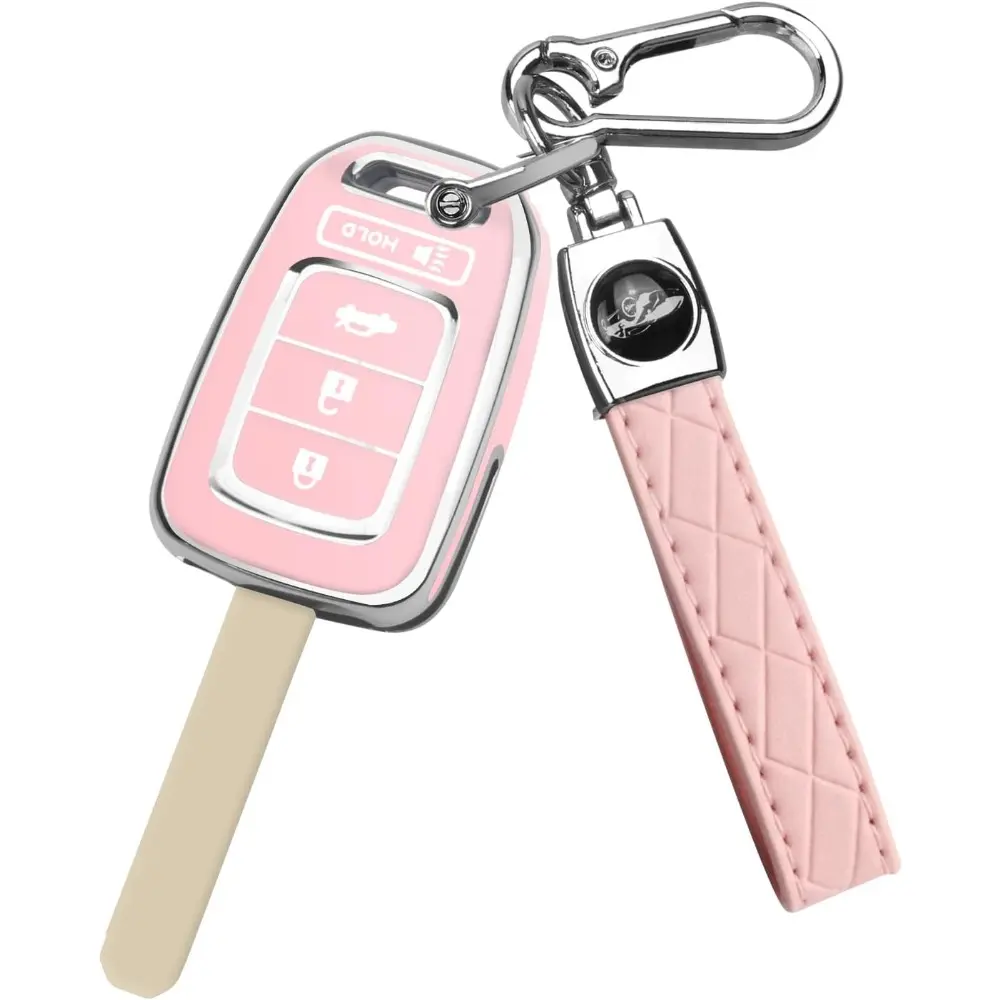 for Honda Key Fob Cover With Key Chain, 4-Button Soft TPU Key Case Shell Full Protection For Sports Accord,Civic,CR-V,Crosstour,HR-V,LX 2013-2022, Pink