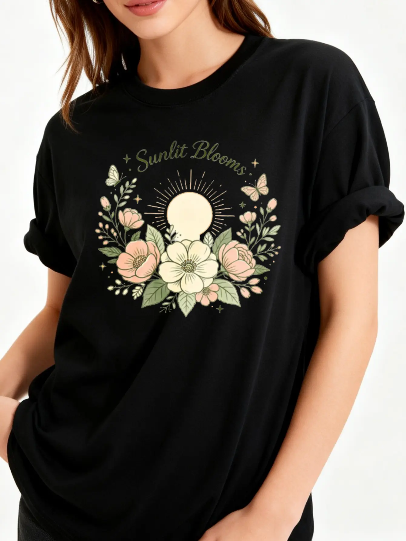 Sunlit Blooms Sun Floral Butterfly Star Script Graphic Women's Short Sleeve Tee Suitable For Daily Gentle Botanical Casual Wear