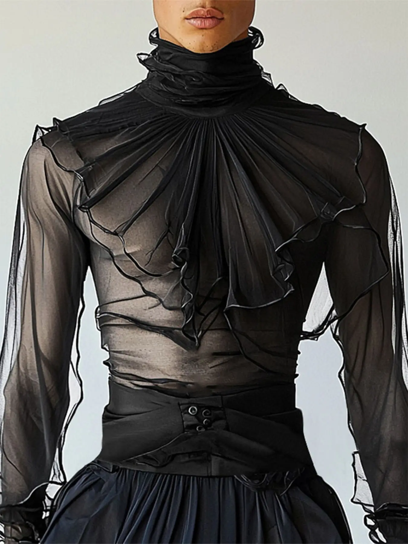 INCERUNSHOP Men's Fashion Sexy Transparent Elegant High Neck Ruched Shoulder Design Long Sleeve Top, Summer Daily Party Wear, Stylish Casual Shirt