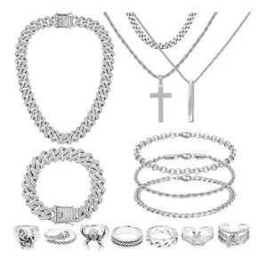 15 Piece Silver Cuban Link Jewelry Set – Chain, Bracelet, Cross Pendant & Vintage Rings