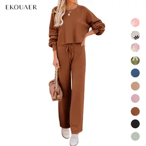 Ekouaer Women's two-piece set long sleeved pullover top with pockets wide leg pants casual set Pajama Loungewear Nightwear，Outfits for Daily, Downtown Girl Clothes. Fal Outfits, Christmas 2025 Trend, Fall & Winter Womenswear