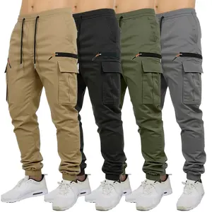 Clean Gent 4-pack men’s loose-fit solid color cargo pants with pockets and drawstring; street-style casual long pants with multiple zippered pockets, suitable for everyday wear and all seasons.
