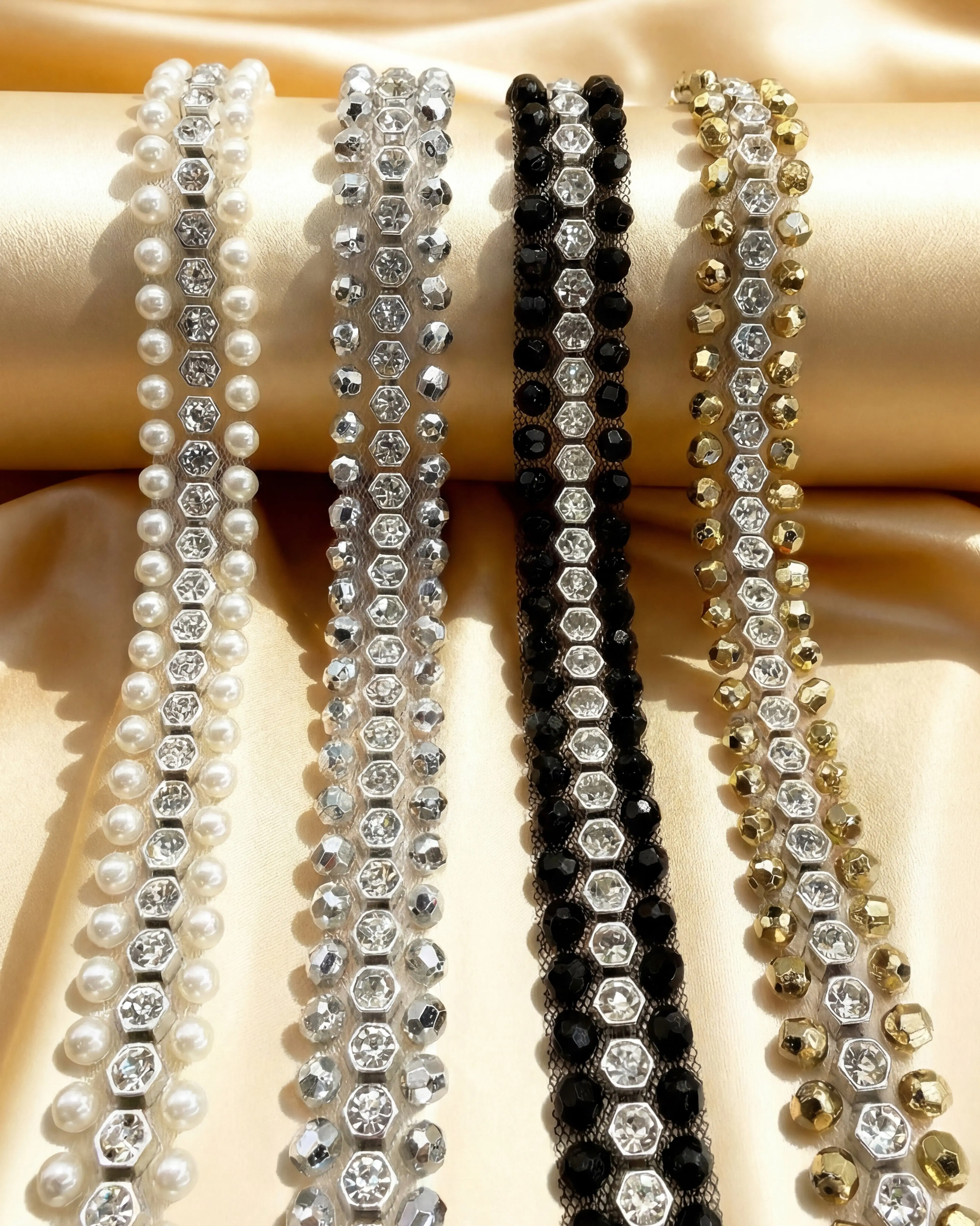 Rhinestone Pearl Beaded Trim by the Yard, Center Crystal Chain Trim with Beaded Edges, Bridal Designer Sewing Trim, Self Adhesive Option