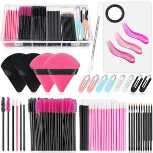Disposable Makeup Applicators Kit with Storage Box Includes Mascara Wands Lip Brushes Powder Puffs Mixing Palette Hair Clips & Puff Sponge for Face Professional Makeup Artist Supplies & Accessories
