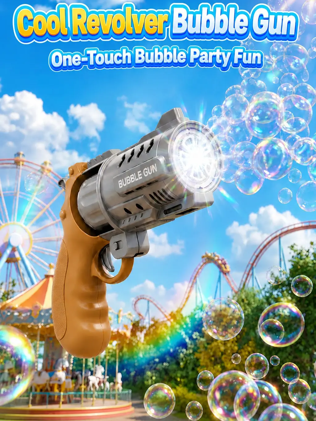 Bubble Gun 【Revolver Style】, comes with 3 AA batteries and 1 bottle of bubble solution. This bubble gun toy is suitable for children ages 4 to 8, perfect for outdoor play in the summer, and makes an ideal gift for birthday and Easter parties.