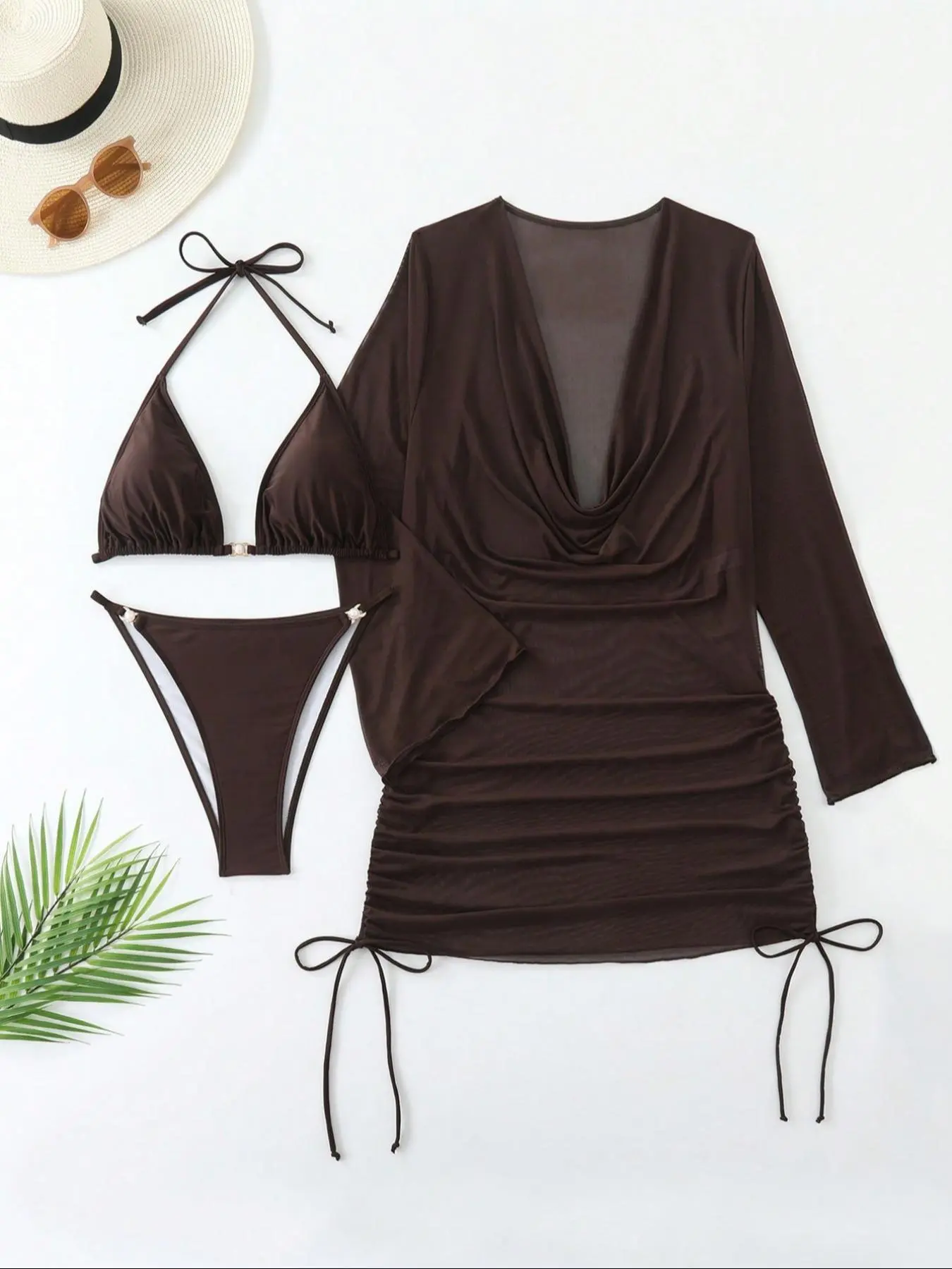 【Plus Size】Three-piece Set Solid Color Bikini Set, Casual Fashion Three-piece Swimsuit for Beach Holiday Vacation, Beachwear with Ties, Women's Swimwear for Summer, Stylish Bikini Set Bathing Suits Set, Beachwear Swimsuits