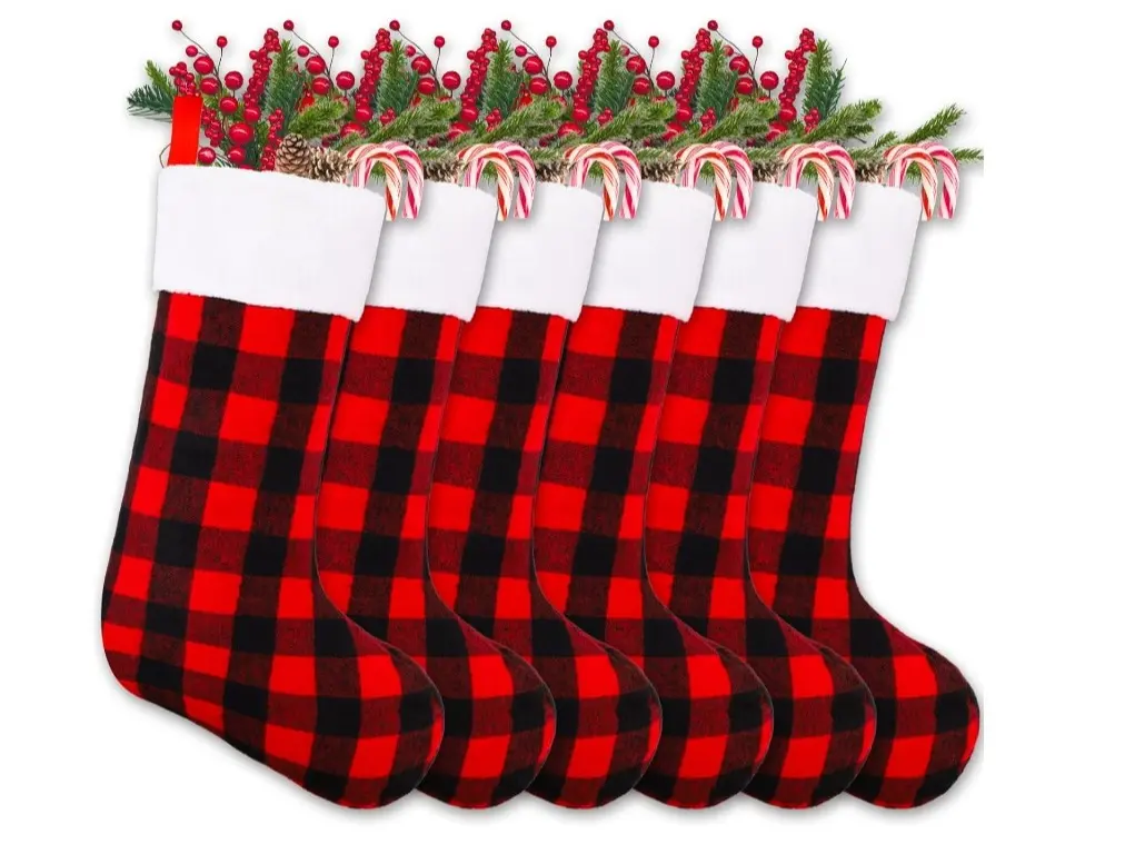 6 Pack 22 Inches Christmas Stockings, Xmas Large Black Red Buffalo Plaid Hanging Stockings Decorations for Christmas Tree Fireplace Family Holiday Party Decor