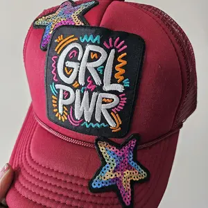 GRL PWR Star Trucker Hat Berry Red with Colorful Sequin Star and Embroidered Logo