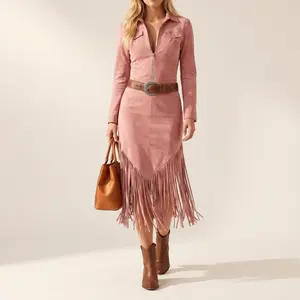 Elegant Vintage Cowgirl Tassel Hem Dress Front Zip Suede Aesthetic Fall Wardrobe Statement