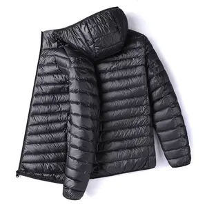Men's Solid Color Hooded Lightweight White Duck Down Jacket, Full Zip Casual Windproof Warm Coat, Suitable for Autumn and Winter Casual Outdoor Wear