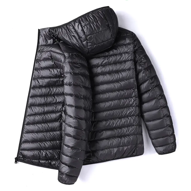 Men's Solid Color Hooded Lightweight White Duck Down Jacket, Full Zip Casual Windproof Warm Coat, Suitable for Autumn and Winter Casual Outdoor Wear