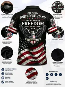 Men's Vintage American Flag Eagle Print Short Sleeve Polo Shirt, Breathable Loose Fit, Casual Summer Fashion, Multiple Colors Available