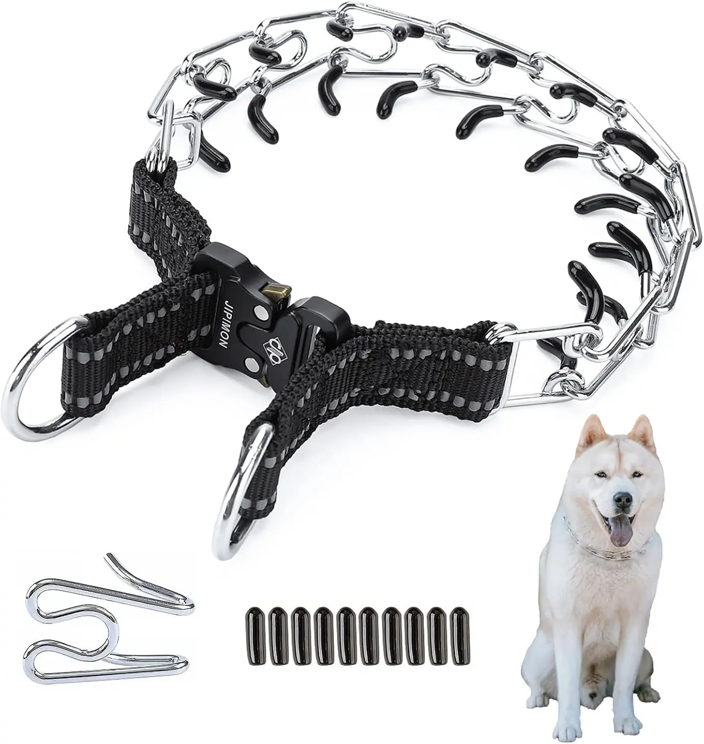 Prong Collar for Dogs with Extra Link & Rubber Caps (Large, Black)