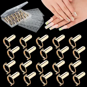 20PCS Wudu Nail Rings, Updated Adjustable Nail Rings Detachable Reusable Women Gift Ring Set with 120PCS Adhesive Nail Tabs for Acrylic Nail Art Decoration Gold