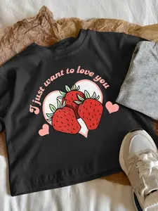Girls' Strawberry Crop Top | 'Just Want To Love You ' Cute Graphic Tee | Soft Stretchy Pink Shirt for School Teens | Trendy First Day Outfit | Back to School Casual Crewneck Cotton