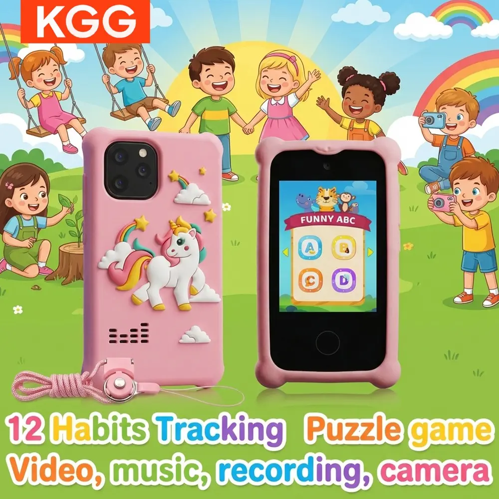 KGG Cute Cartoon Mini Phone for Kids, Fun Learning Tool, English Word Study, Brain Games, Music, Video, Camera, Recorder, Alarm, Flashlight, Calendar, Calculator