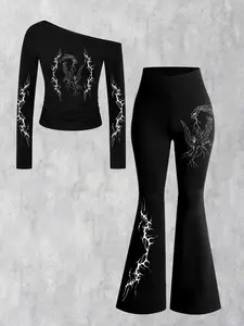 Women's Casual Two-Piece Set, Angel and Lightning Print Long Sleeve Off-Shoulder Top + High Waist Elastic Bell Pants, Comfortable Home & Outdoor Wear