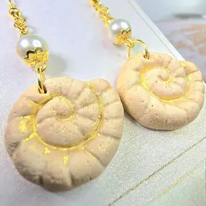 Nautilus Shell Polymer Clay Earrings Light Beige Color with Golden Mica Powder & Golden Finds Peal Connector Charm Jewelry